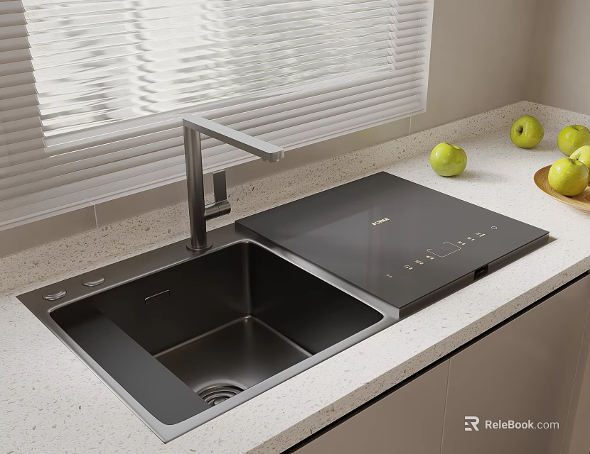 Modern Black Stainless Steel Kitchen Sink with Faucet on Light Countertop and Green Apples in Contemporary Kitchen 3d model 