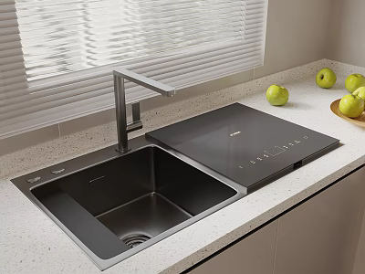 Modern Black Stainless Steel Kitchen Sink with Faucet on Light Countertop and Green Apples in Contemporary Kitchen 3d model