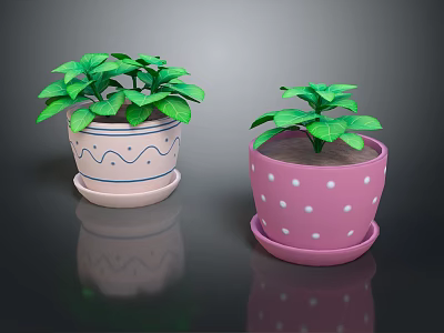 Green Houseplants In Pink Flower Pots With Blue Wave And White Polka Dot Patterns 3d model