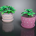 Green Houseplants In Pink Flower Pots With Blue Wave And White Polka Dot Patterns