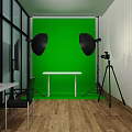 Public Office Space Featuring Green Screen Backdrop Black Studio Lights White Table and Camera Tripod 3d model