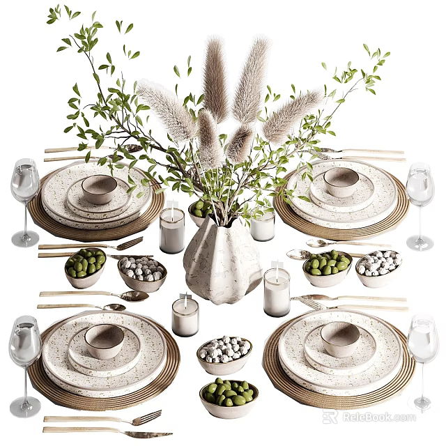 Natural Style Dinnerware Set With Pampas Grass And Green Plant Decor For Dining Table Setting 3d model
