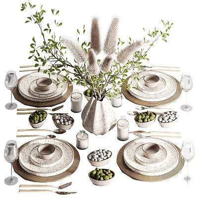 Natural Style Dinnerware Set With Pampas Grass And Green Plant Decor For Dining Table Setting 3d model