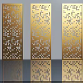 Three Modern Hinged Doors With Gold Green Intricate Patterns In Interior 3d model