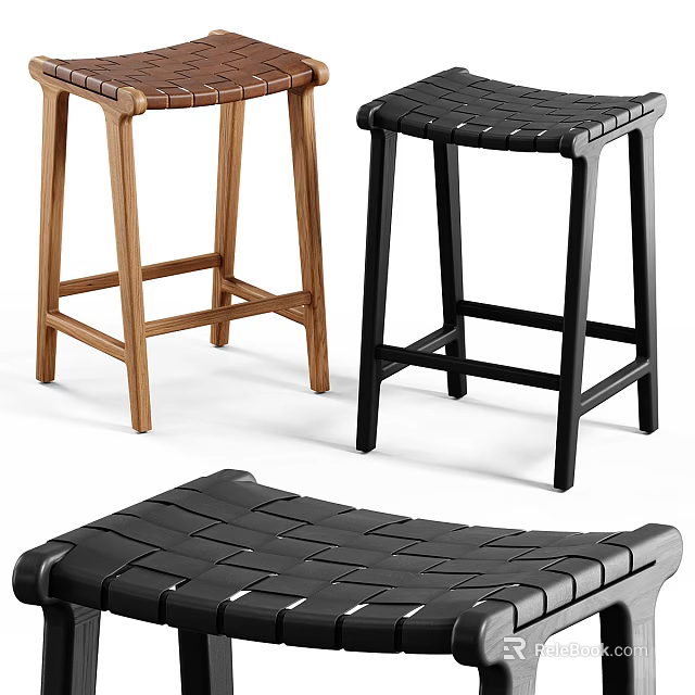Modern Woven Seat Stools in Wooden and Black Tones for Home Decor 3d model 