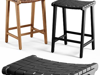Modern Woven Seat Stools in Wooden and Black Tones for Home Decor 3d model