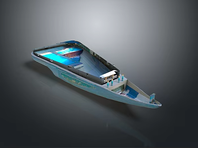 Boat Shaped Architectural Model With Blue Water Area And Interior Facilities 3d model