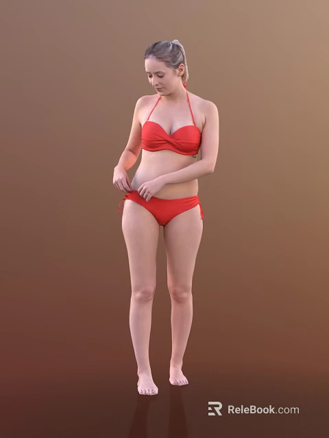 Full Body Woman Posing In Red Bikini Against Brown Studio Background 3d model 