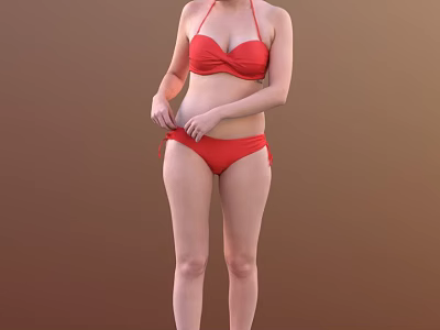Full Body Woman Posing In Red Bikini Against Brown Studio Background 3d model