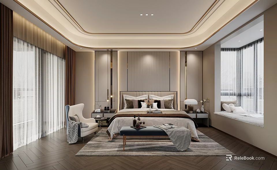 Elegant Modern Bedroom Interior With King Size Bed Decorative Pillows And Accent Chair 3d model 