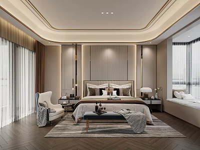 Elegant Modern Bedroom Interior With King Size Bed Decorative Pillows And Accent Chair 3d model