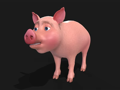 Cute Cartoon Pink Pig 3D Model With Big Ears And Blue Eyes On Black Background 3d model