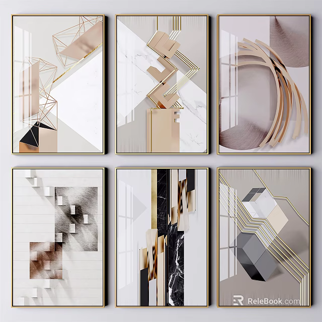 Modern Abstract Wall Art With Geometric Patterns And Marble Metal Elements For Home Decor 3d model