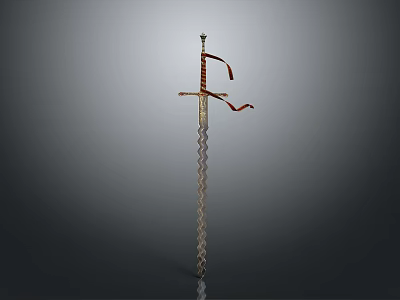 Ancient Decorative Sword With Spiral Blade And Red Ribbon On Gray Background 3d model