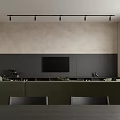 Modern Dining Living Room Interior With Dark Cabinets Dining Table Chairs Pendant Lights And Green Plants