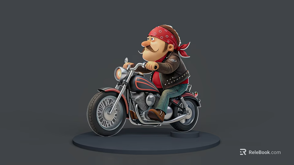 Man With Red Bandana And Mustache Riding Motorcycle On Display Stand 3d model 