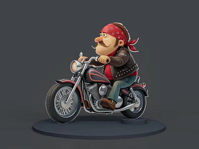 Man With Red Bandana And Mustache Riding Motorcycle On Display Stand 3d model