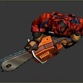 Bearded Man Wearing Red Cap Red Shirt Blue Pants Holding Orange Chainsaw