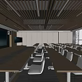 Modern Conference Room Interior Design With Wooden Slat Ceiling Long Tables And Chairs