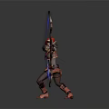 Red Haired Game Movie Character Wearing Red Gold Outfit Holding Bow With Blue Light Effects
