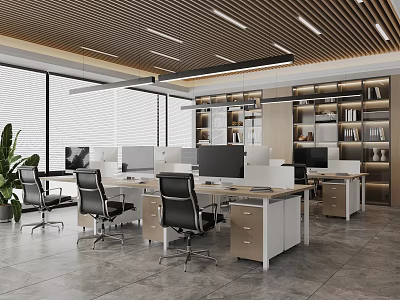 Modern Office Interior With Desks Computers Office Chairs Large Windows Green Plants And Wooden Ceiling 3d model