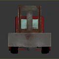Red Toy Forklift With Metal Forks And Reflective Surface On Gray Background