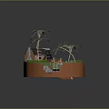 Cartoon Island Scene With Palm Trees Small Wooden House Green Grass Rocks And Boat