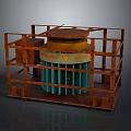 Rusted Metal Frame Industrial Equipment With Green Cylindrical Components And Yellow Top
