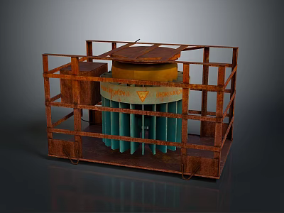 Rusted Metal Frame Industrial Equipment With Green Cylindrical Components And Yellow Top 3d model