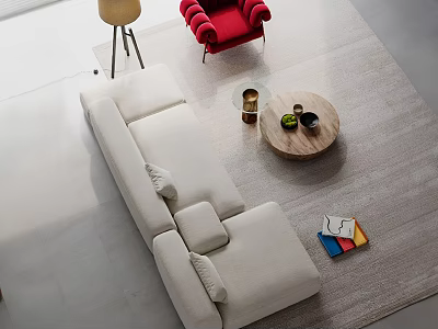 Spacious Modern Living Room With Cream Modular Sofa Round Wooden Coffee Table And Red Chair 3d model