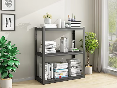 Three Tiered Black Storage Shelf With Books Vase Pen Holder And Green Plants Near Window 3d model