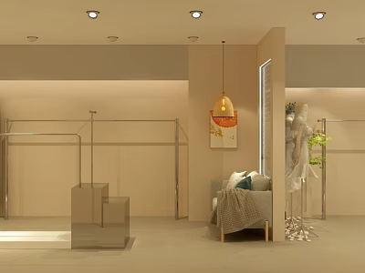 Modern Clothing Store Interior With Hanging Racks Display Stands Cozy Sofa Pendant Light And Mirror 3d model