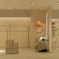 Modern Clothing Store Interior With Hanging Racks Display Stands Cozy Sofa Pendant Light And Mirror