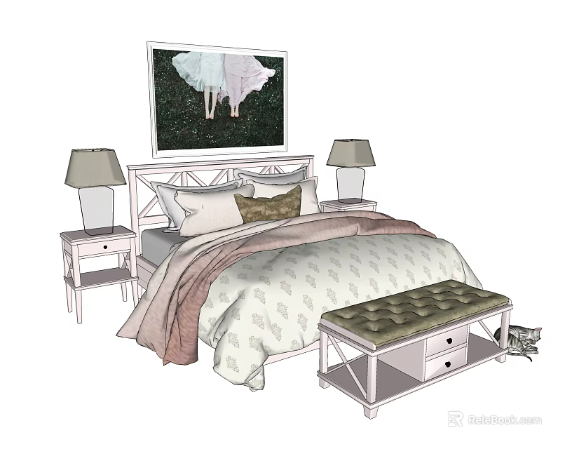 Double Bed In Cozy Bedroom With Bedside Tables Lamps Wall Art And Footstool 3d model 