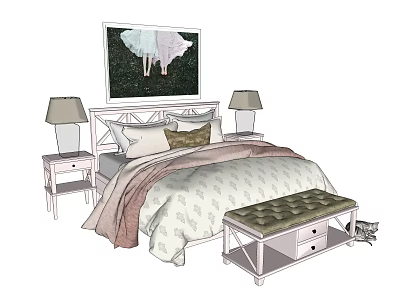 Double Bed In Cozy Bedroom With Bedside Tables Lamps Wall Art And Footstool 3d model
