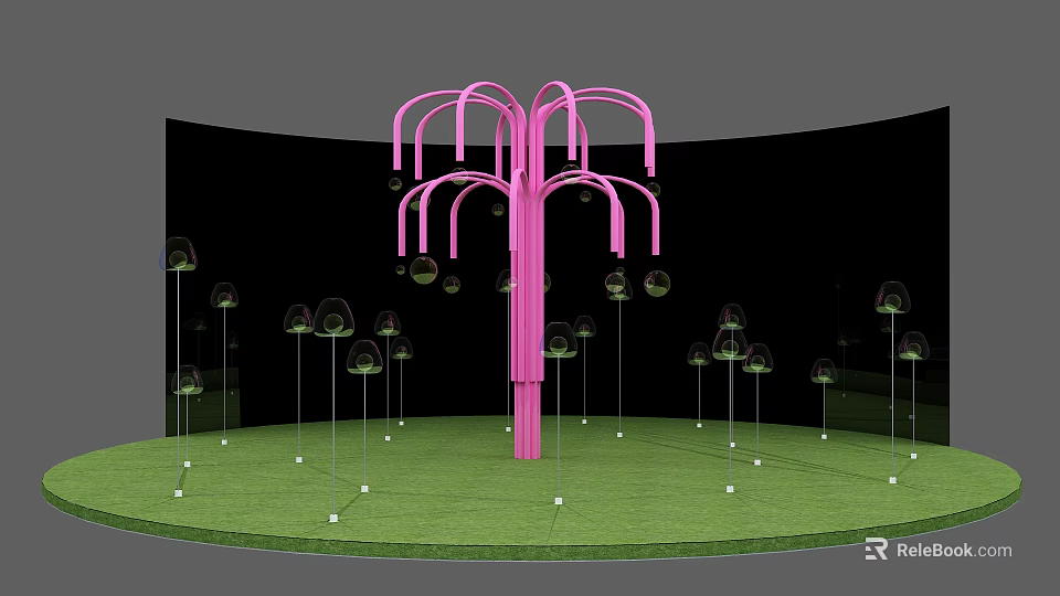 Interactive Zone Featuring Pink Tree Structure With Green Grass And Transparent Spherical Installations 3d model