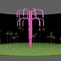 Interactive Zone Featuring Pink Tree Structure With Green Grass And Transparent Spherical Installations 3d model