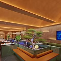 Warm Restaurant Interior With Hanging Pendant Lights Round Tables Green Plants And Curved Seating