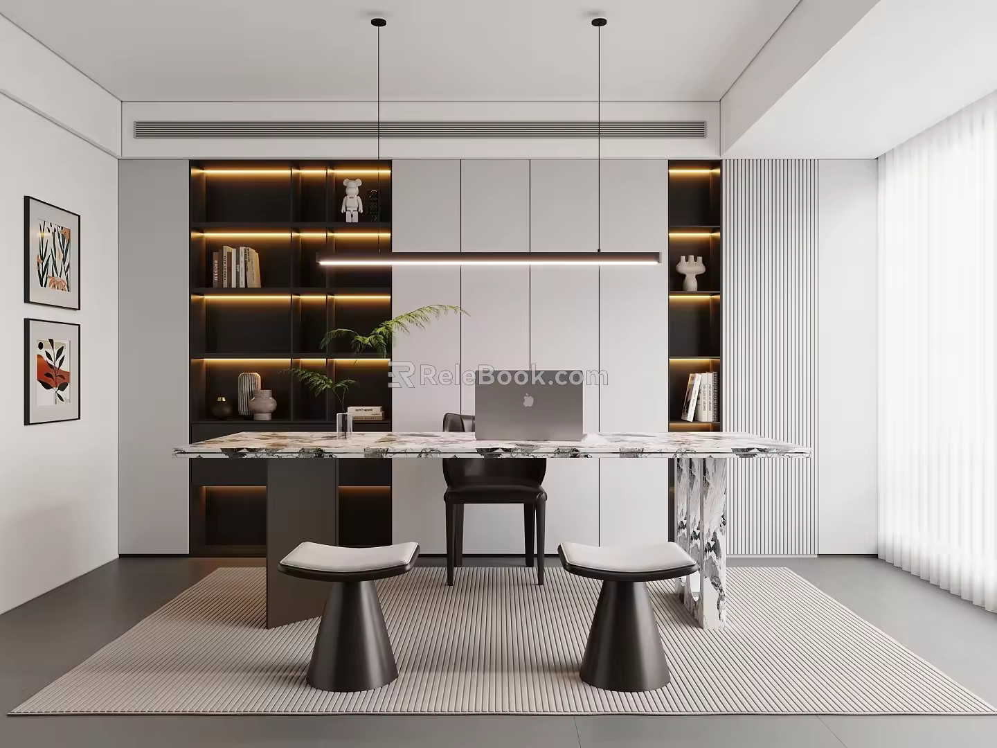 Modern study desk and chair combination bookcase combination 3d model