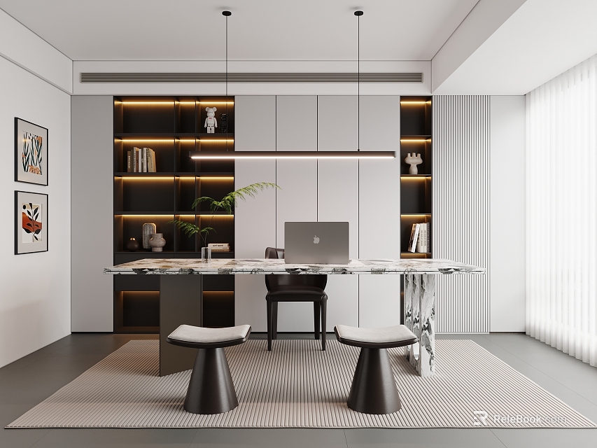 Modern Study Room Interior Design With Marble Desk Bookshelves And Hanging Lights 3d model 