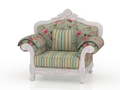 Vintage Single Sofa With Carved White Wooden Frame And Floral Striped Upholstery 3d model