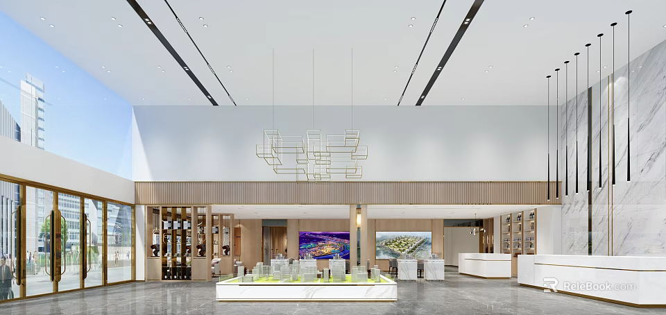 Sales Office Interior with Geometric Chandelier Display Table Model Wine Cabinet and Wall Art 3d model 