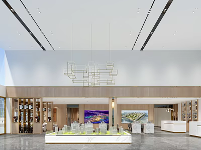 Sales Office Interior with Geometric Chandelier Display Table Model Wine Cabinet and Wall Art 3d model