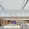 Sales Office Interior with Geometric Chandelier Display Table Model Wine Cabinet and Wall Art
