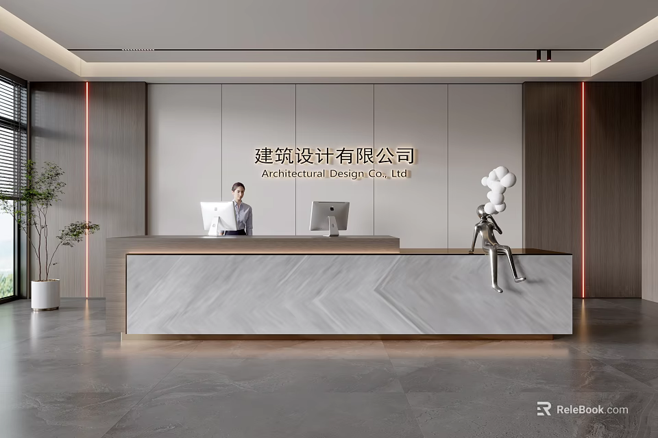 Modern Front Desk Reception Area With Marble Counter Computers Staff Sculpture And Plant 3d model 