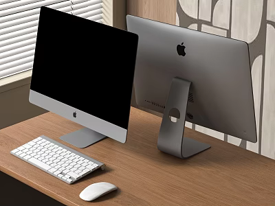 Two Modern iMac Monitors On Wooden Desk With Keyboard And Mouse 3d model