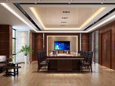 Modern Conference Room Interior With Wooden Walls Table TV Screen Plants And Lighting 3d model