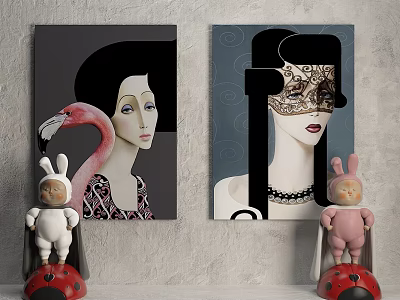 Two Art Paintings With Women Flamingo Mask And Rabbit Dolls On Wall Decor 3d model