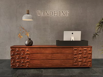 Modern Wooden Shop Front Desk With WANDEING Sign Gray Wall Hanging Lamp Vase And Laptop 3d model