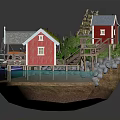 Cartoon Scene With Red Cottages Wooden Dock Small Boat Green Grass And Rocks